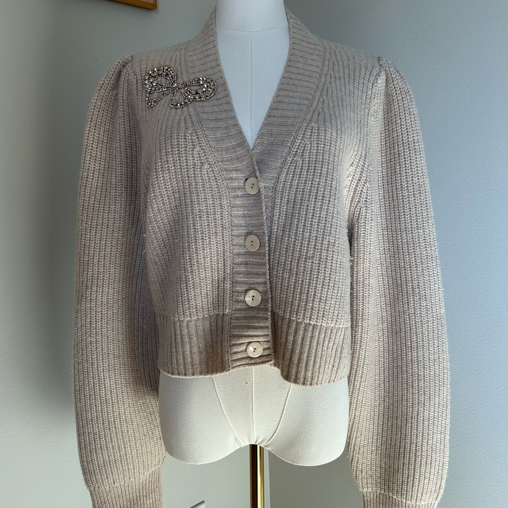 LoveShackFancy Gorgeous Cropped Cardigan Sweater with Embellished Diamond Bow